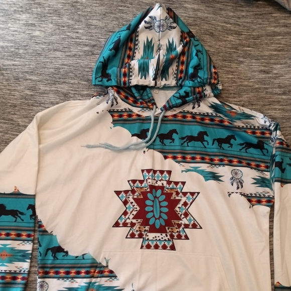 Boho Horse Equestrian Print Southwest Aztec Print Hoodie Sweatshirt Size XL - Picture 3 of 14